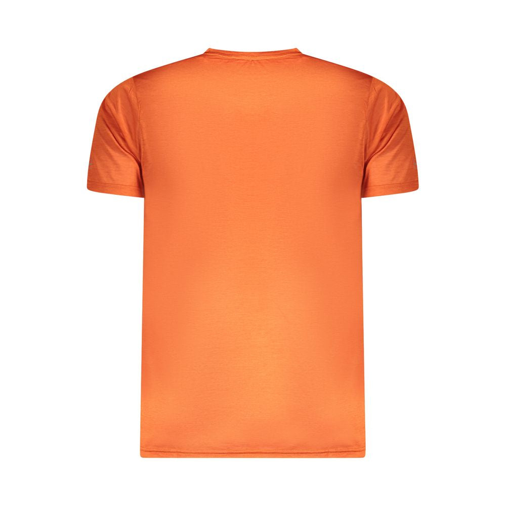 Back view of Norway 1963 Orange Polyester Men T-Shirt showcasing vibrant color and eco-friendly 100% recycled polyester fabric.