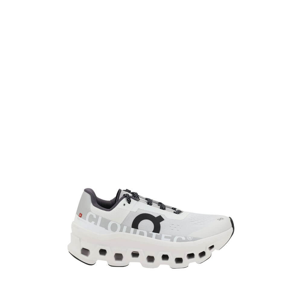 ON White Polyester Athletic Sneakers with lace-up closure and raised sole, highlighting brand logo for dynamic and modern style.