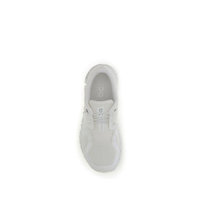 Top view of ON White Recycled Polyester Athletic Sneakers with Speedboard® for enhanced support and wider opening for comfort.