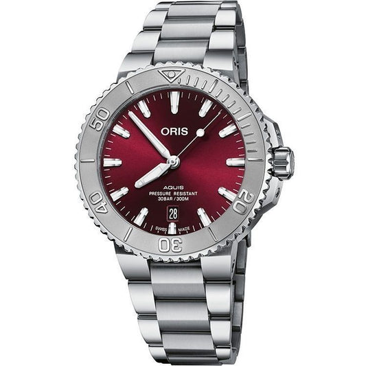 ORIS MOD. AQUIS DATE RELIEF CHERRY wristwatch with cherry dial, 30 ATM water resistance, sapphire crystal, stainless steel bracelet.