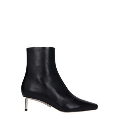 Off-White Black Leather Ankle Boots with mid heels and square toe, featuring zip closure and leather sole.