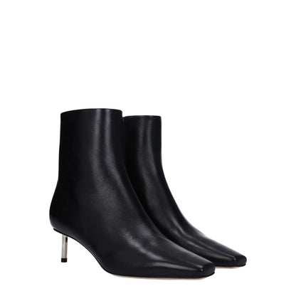 Off-White Black Leather Ankle Boots with square toe and mid heels, featuring a stylish zip closure and leather sole.