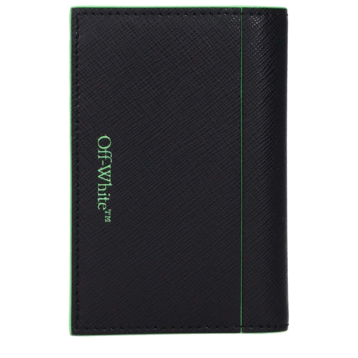 Off-White Black Leather Cardholder with front logo, 9 card slots, and fluo green accents, MPN OMND083LEA0011070.
