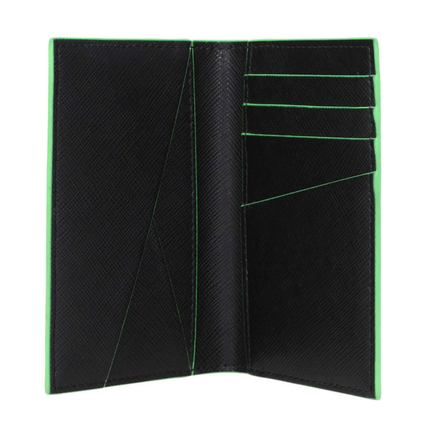 Open Off-White Black Leather Cardholder with fluo green accents showing multiple slots for cards. MPN OMND083LEA0011070.