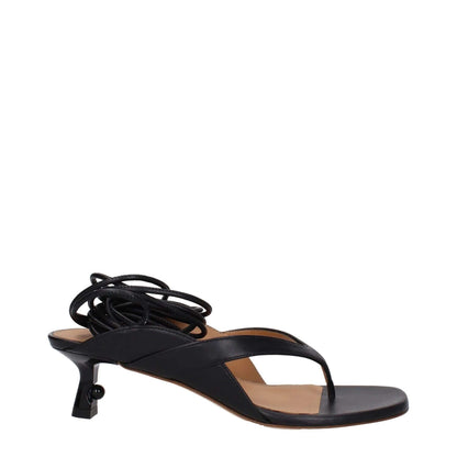 Off-White Black Leather Flip-Flop Sandals with mid heels, self tie closure, open toe, and leather sole. MPN OWIH057LEA0011009.
