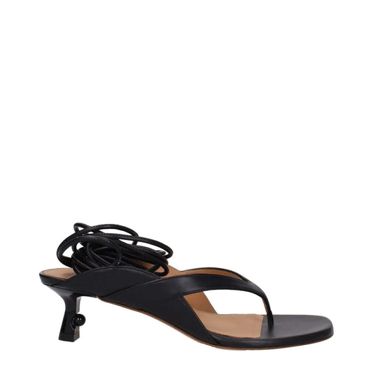 Alt Tag: Off-White Black Leather Flip-Flop Sandals with self-tie closure, mid heels, open toe, leather sole, heel height 5.5 cm.