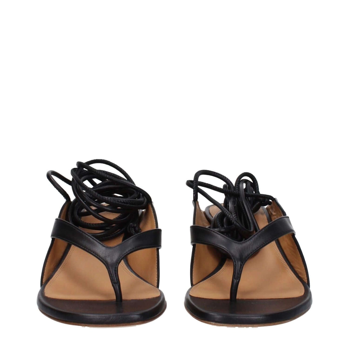 Front view of Off-White Black Leather Flip-Flop Sandals with self tie closure and open toe design, featuring a mid heel for stylish comfort.