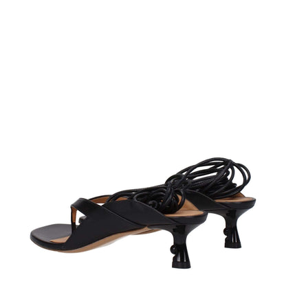Off-White Black Leather Flip-Flop Sandals with self-tie closure and mid heels, showcasing open toe design and leather sole.