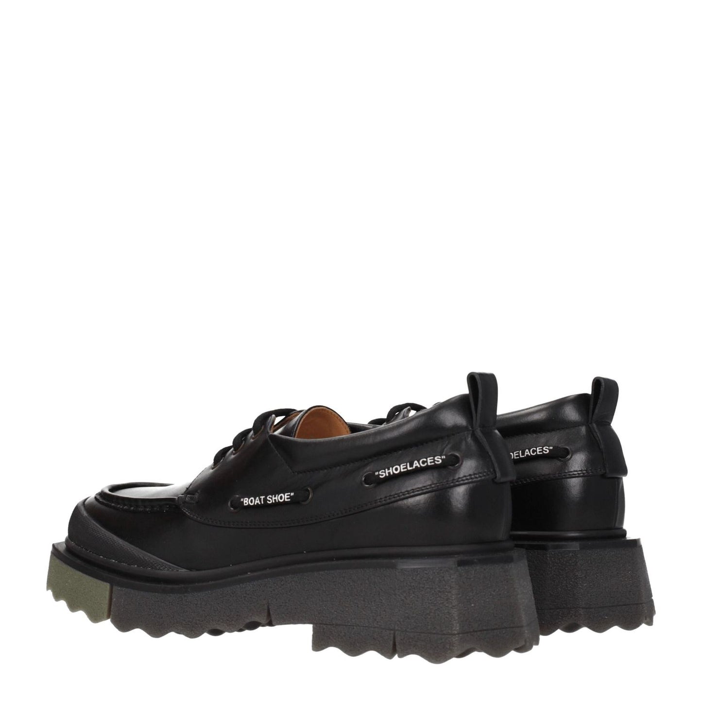 Off-White Black Leather Slip-On Loafers with vintage effect and rubber soles, featuring lace up and monkstrap style.