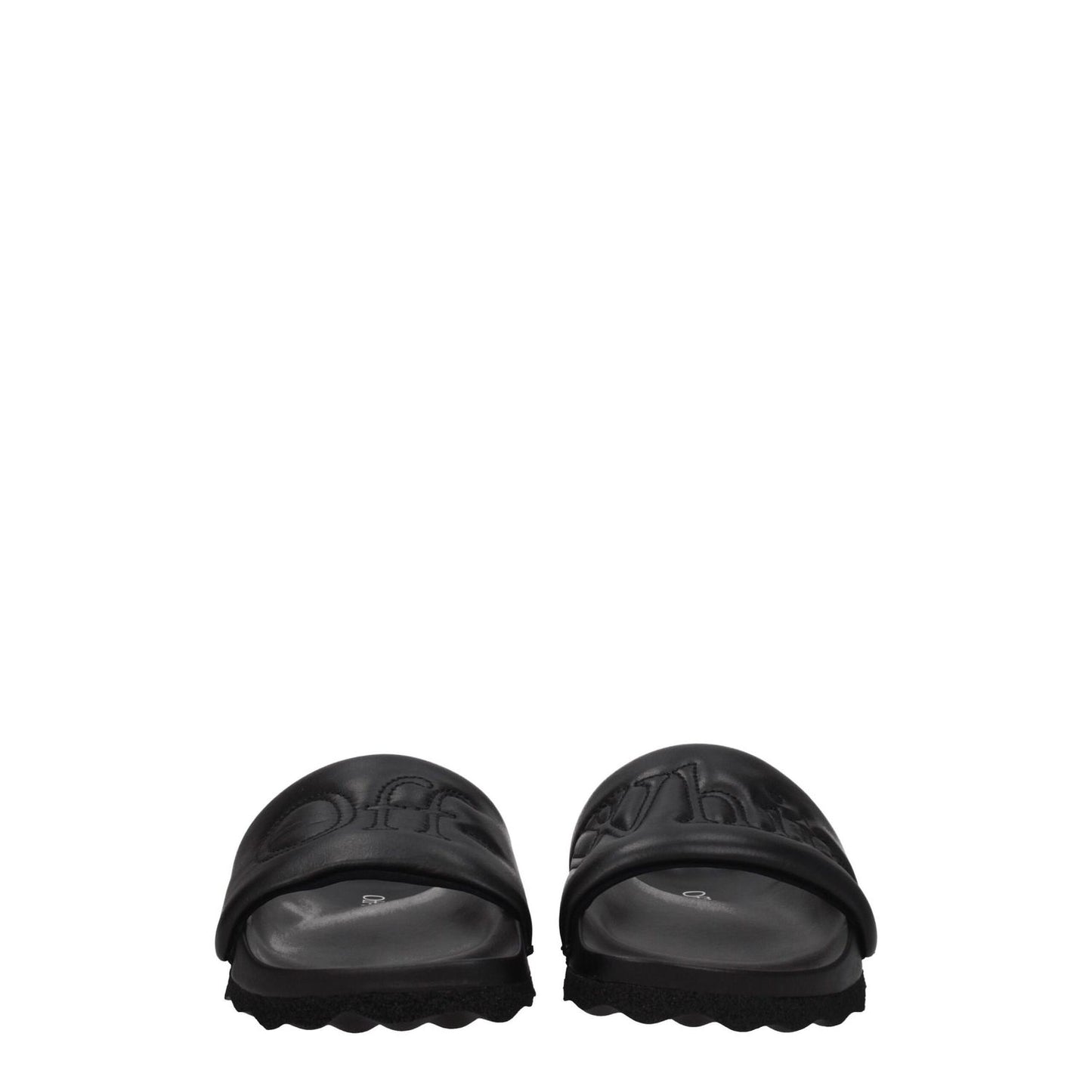 Off-White Black Leather Slippers with logo and open toe design, featuring rubber sole, low flat heel, casual style.