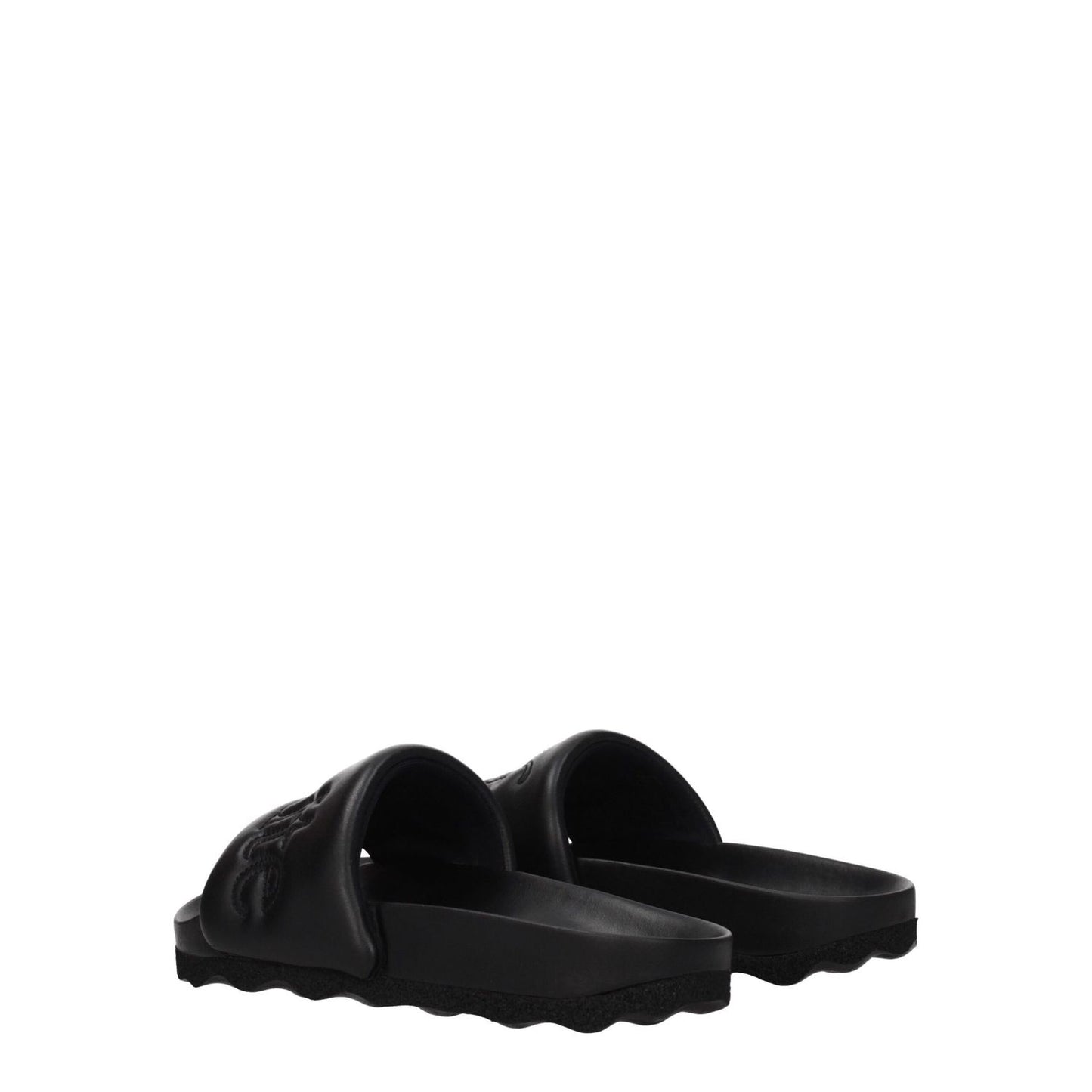 Off-White Black Leather Slippers featuring an open toe, low flat heel, and front logo design. Casual footwear ideal for everyday use.