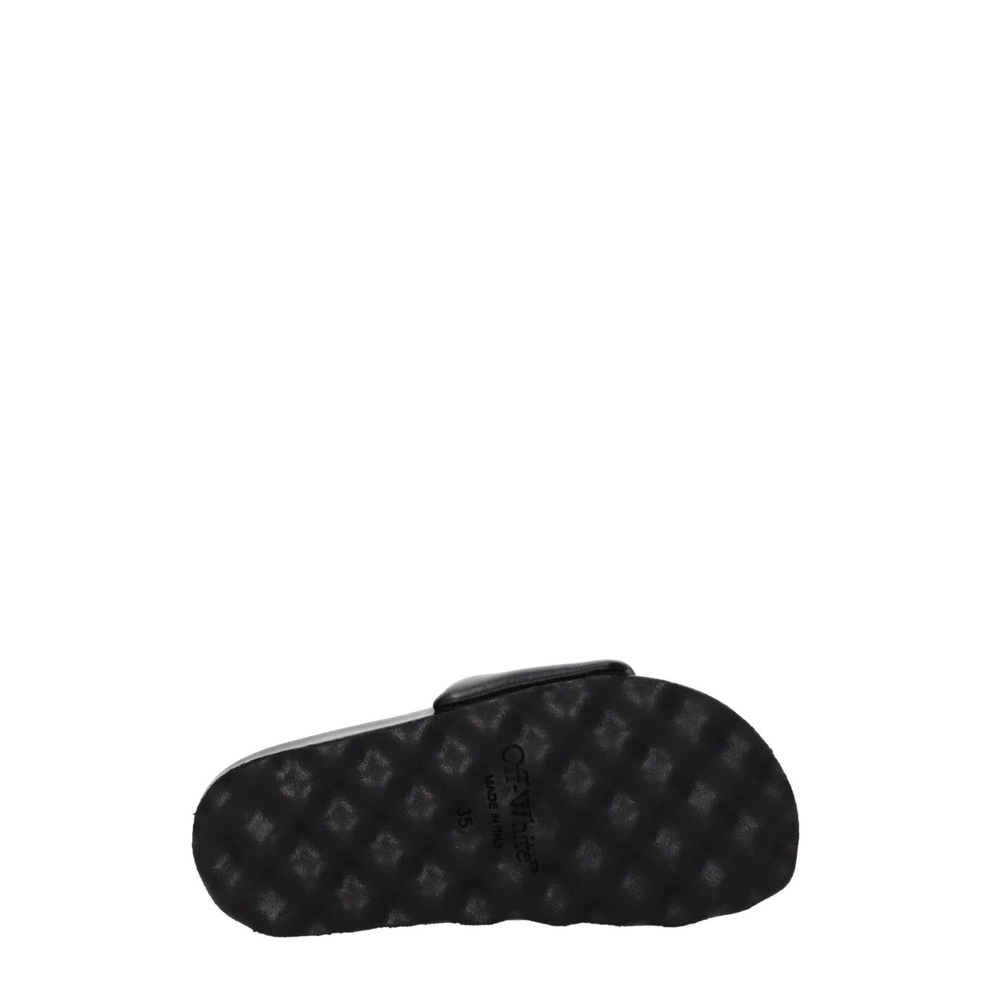 Sole view of Off-White Black Leather Slippers showcasing rubber grip and open toe design.