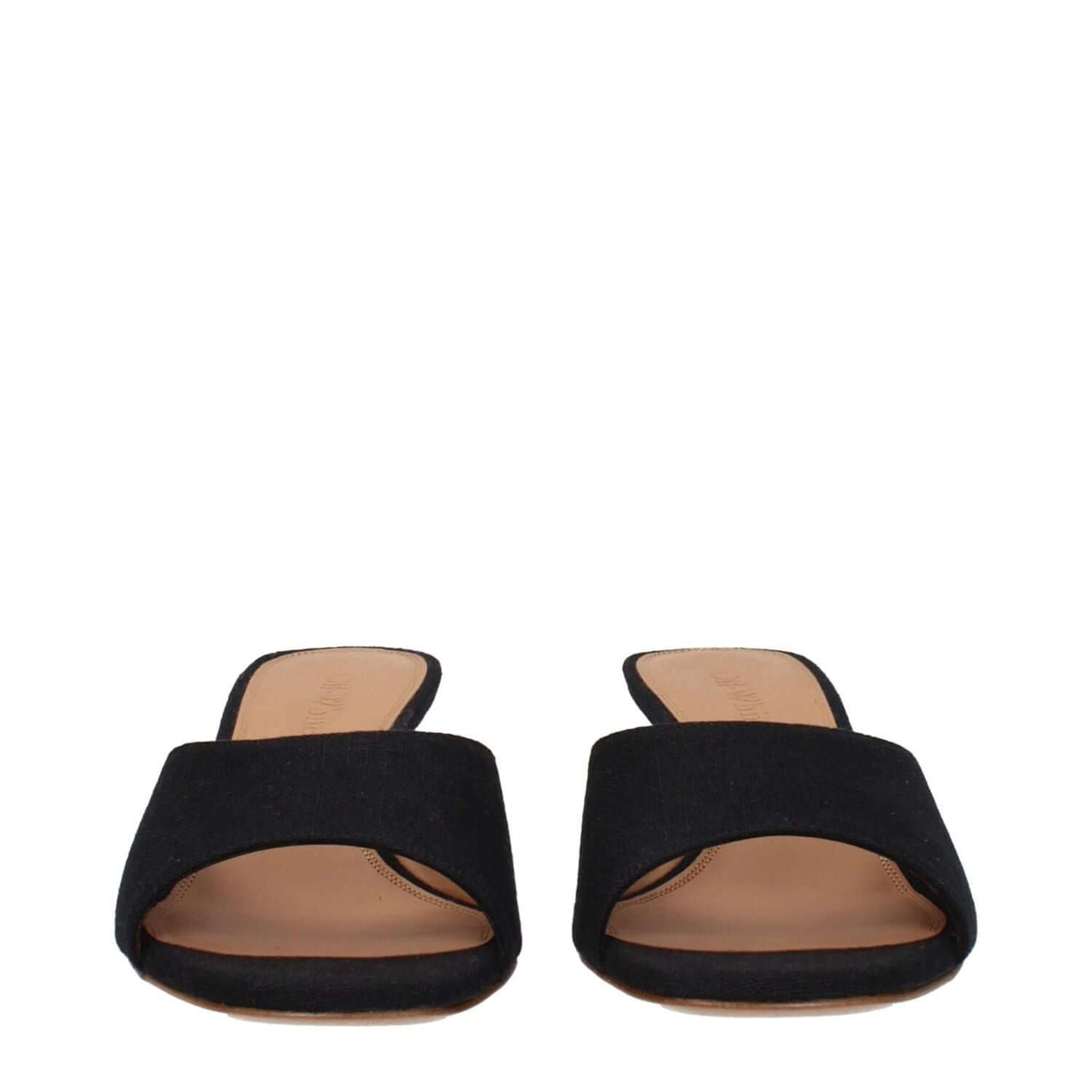 Front view of Off-White Black Linen Sandals featuring open toe design and leather sole, mid heel height at 5 cm.