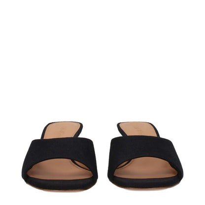Front view of Off-White Black Linen Sandals featuring open toe design and leather sole, mid heel height at 5 cm.