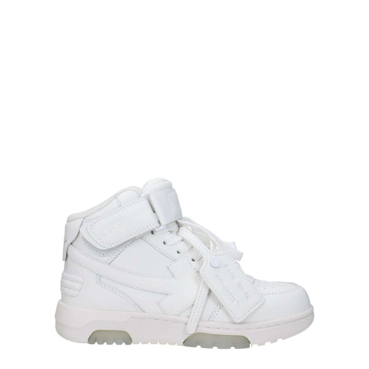 Off-White White Leather High Top Sneakers with strap closure and side detail, featuring front, side, and back logos.