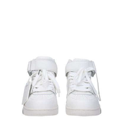 Off-White White Leather High Top Sneakers, front view with strap closure and logos, casual style for fashion-forward look.