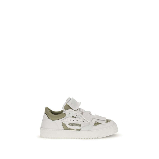 Off-White White Leather Low Top Sneakers with green accents and round toe design.