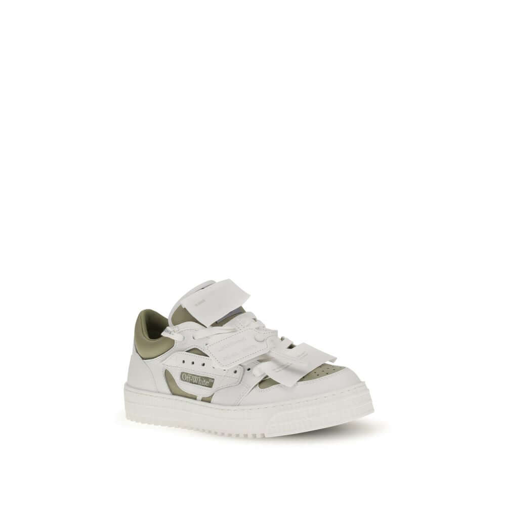 Off-White White Leather Low Top Sneakers featuring perforated detailing, side logo label, and removable branded tag for street style.