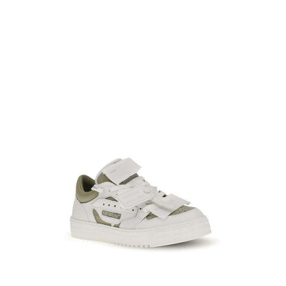 Off-White White Leather Low Top Sneakers featuring perforated detailing, side logo label, and removable branded tag for street style.
