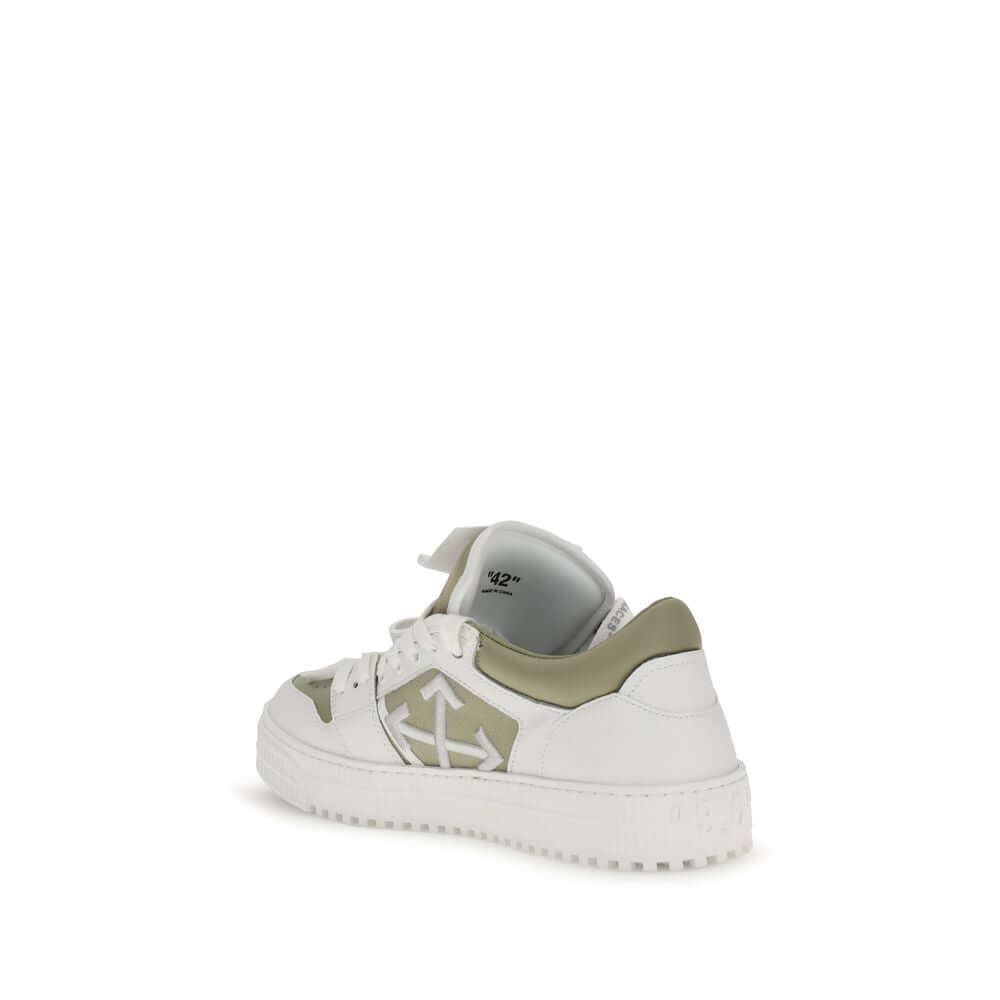 Off-White White Leather Low Top Sneakers featuring signature arrows, side view of shoe with green and white design, stylish streetwear footwear.