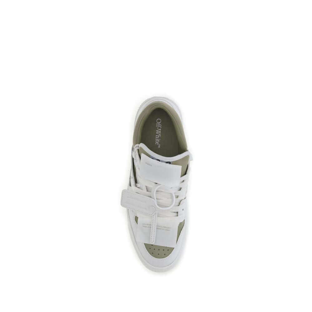 Top view of Off-White White Leather Low Top Sneakers showcasing lace-up design and branded tag.