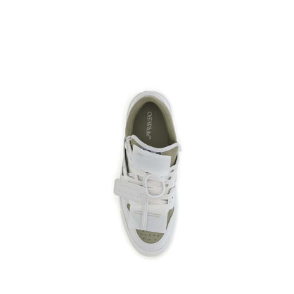 Top view of Off-White White Leather Low Top Sneakers showcasing lace-up design and branded tag.