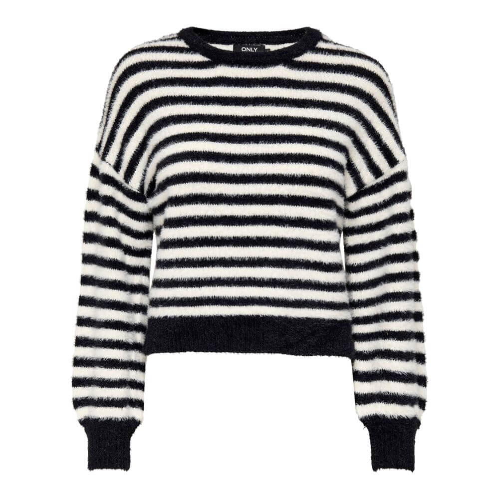 Only Black And White Marabou Sweatshirt, women's striped sweater made of 70% nylon and 30% acrylic, offering a versatile and stylish look.