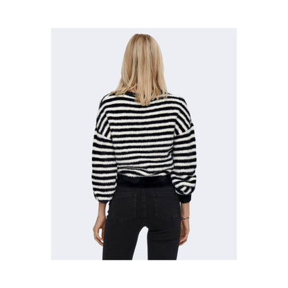 Back view of Only Black And White Marabou Sweatshirt, striped design, worn by a model, showcasing casual fit and style.