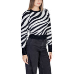 Woman wearing Only Black Nylon Sweater from Fall/Winter collection, featuring zebra pattern design, 70% nylon and 30% acrylic composition.