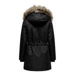 Back view of Only Black Polyester Parka with synthetic fur-lined hood, ideal for winter warmth and style.