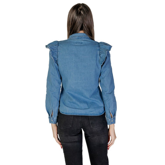 Woman wearing Only Blue Cotton Shirt, long sleeve, 100% cotton, viewed from the back