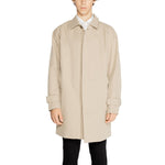Man wearing Only & Sons Beige Polyester Trench Coat, featuring a minimalist design with button-up front and classic collar.