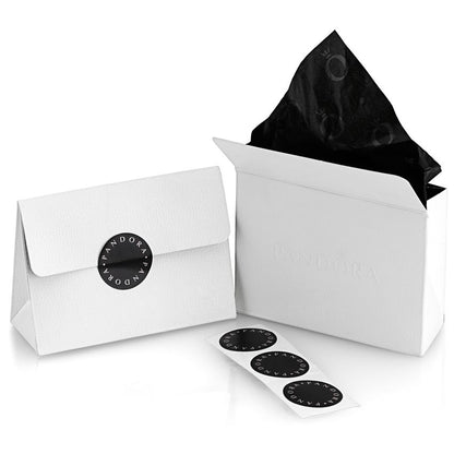 PANDORA JEWELRY Mod. 793855C01 packaging with elegant white boxes and black tissue paper for a luxury gift presentation.