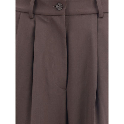 Close-up of P.A.R.O.S.H. Brown Fleece Wool Dress Pants with button closure and belt loops, showcasing tailored design.