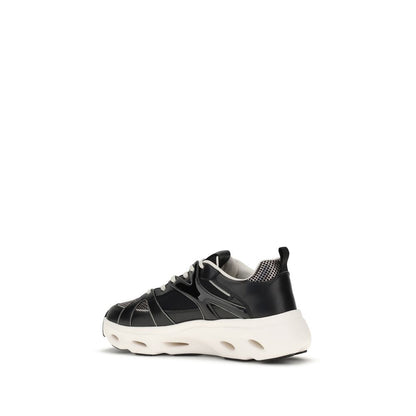 PINKO Black Calf Leather Bos Taurus Chunky Sneakers with mesh inserts and Love Birds logo, side view.