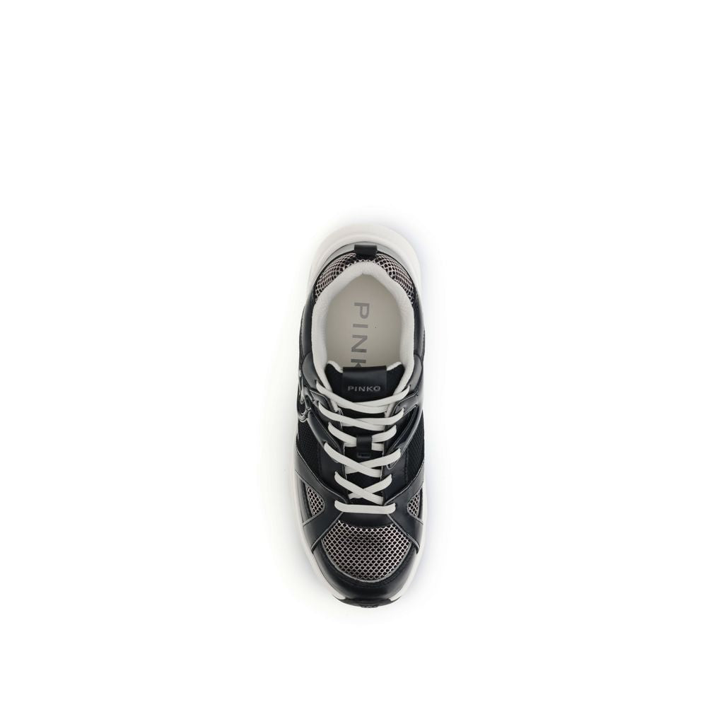 Top view of PINKO Black Calf Leather Bos Taurus Chunky Sneakers with mesh inserts and Love Birds logo, bold contemporary design.