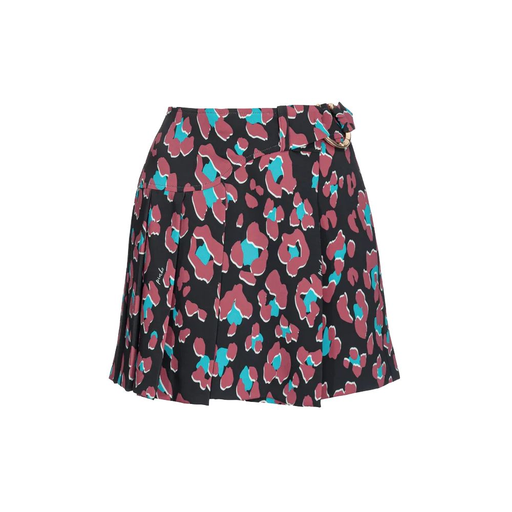 PINKO Black Polyester Skirt with abstract print, pleated cady miniskirt featuring side button closure and Love Birds buckle.