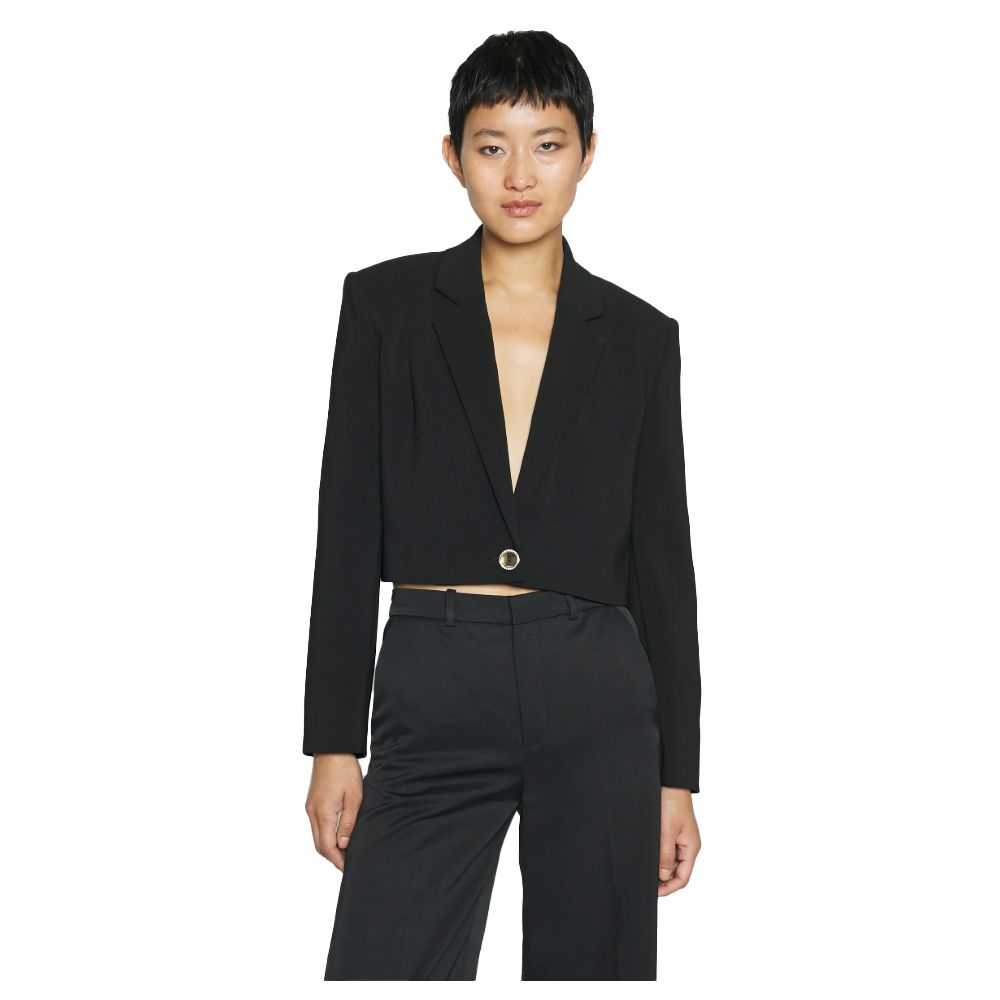 Woman wearing a chic PINKO Black Polyester Women Blazer, featuring a cropped design with gold button detail, against a white background.