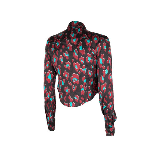 Back view of PINKO Black Viscose Shirt with abstract print, featuring button fastening and central slit, classic collar design.