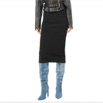 PINKO Black Viscose Skirt, slim fit with rear zip closure and slit, modeled with denim boots and black jacket, made in Italy.