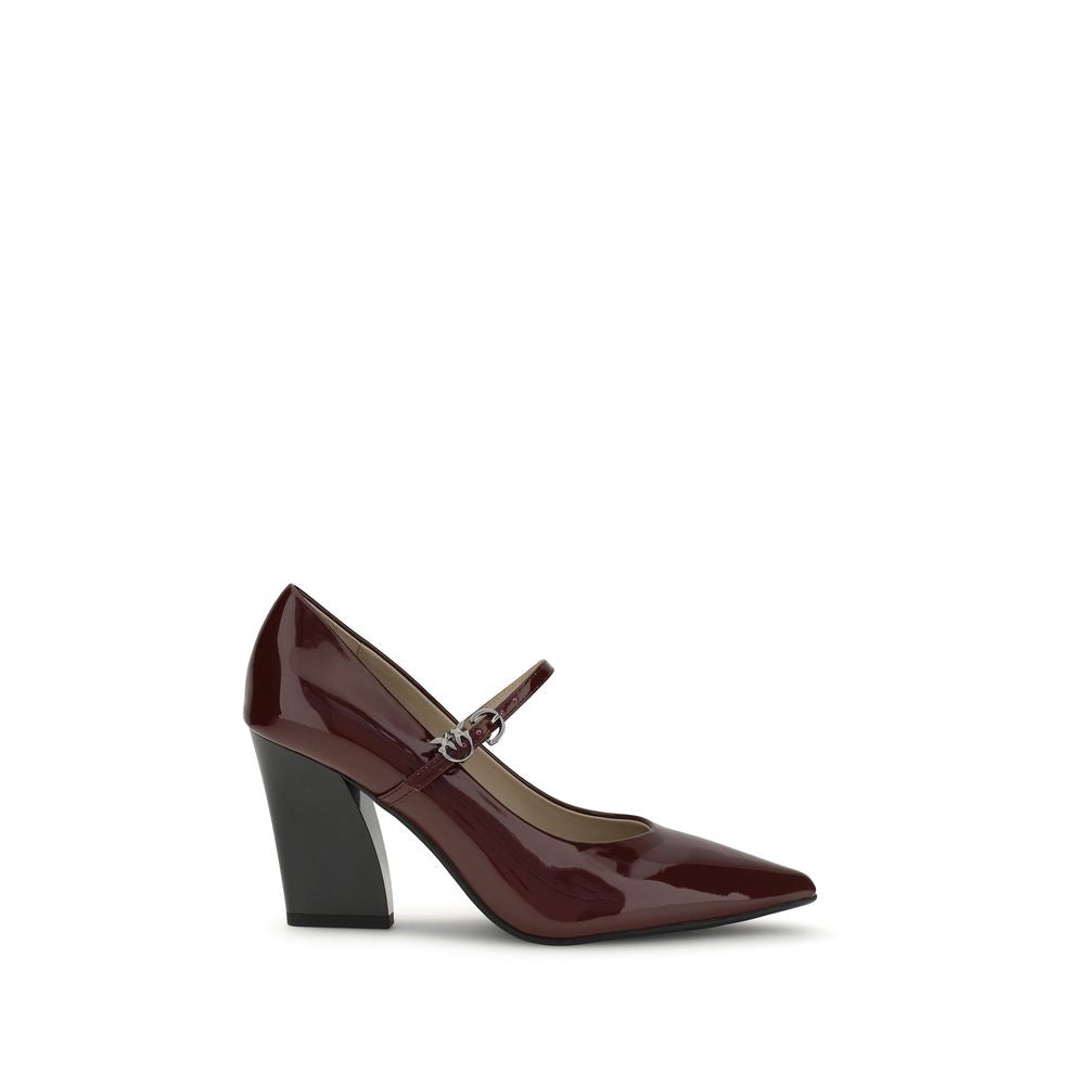 PINKO Bordeaux Calf Leather Bos Taurus High Heel Pumps with glossy patent finish and cubic heel. Adjustable strap closure.