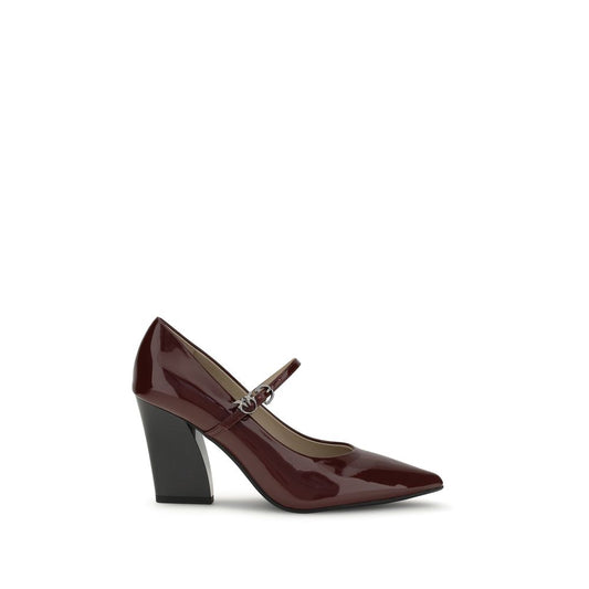 PINKO Bordeaux Calf Leather Bos Taurus High Heel Pumps with glossy patent finish and cubic heel. Adjustable strap closure.