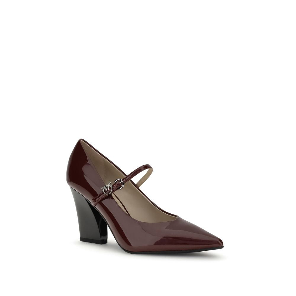 PINKO Bordeaux Calf Leather Bos Taurus High Heel Pumps with glossy patent leather and adjustable strap closure, AW25 collection.