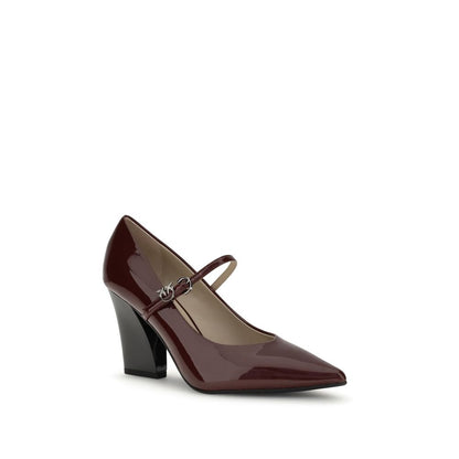 PINKO Bordeaux Calf Leather Bos Taurus High Heel Pumps with glossy patent leather and adjustable strap closure, AW25 collection.