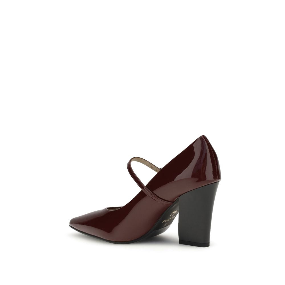 PINKO Bordeaux Calf Leather Bos Taurus High Heel Pumps with glossy patent finish and adjustable strap closure.