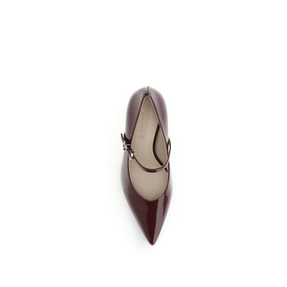 PINKO Bordeaux Calf Leather Bos Taurus High Heel Pumps with glossy patent finish and adjustable strap closure, top view.