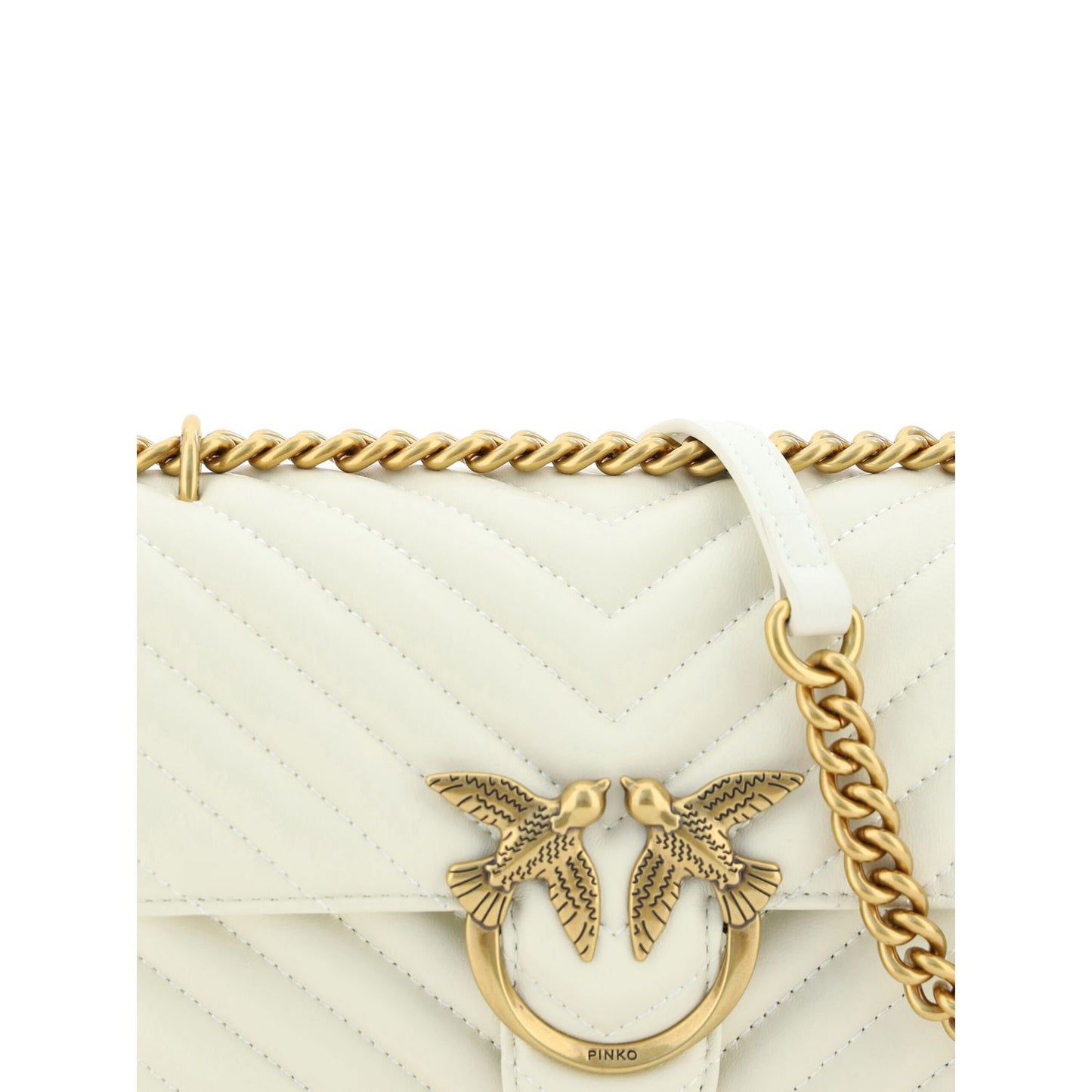 Close-up of PINKO Elegant White Mini Love Shoulder Bag featuring quilted leather and gold Love Birds logo.