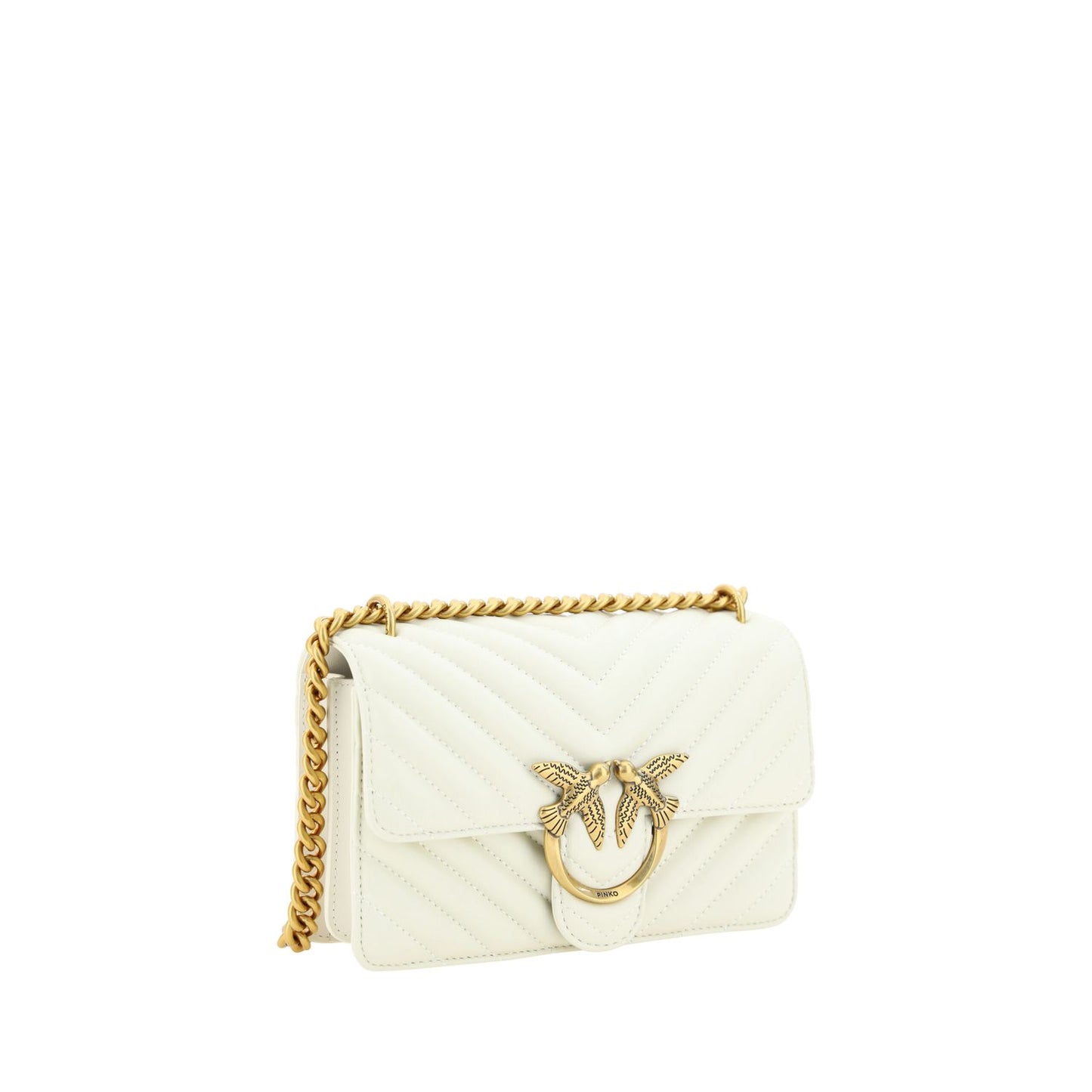 PINKO Elegant White Mini Love Shoulder Bag with quilted leather and gold Love Birds logo, perfect for a sophisticated look.