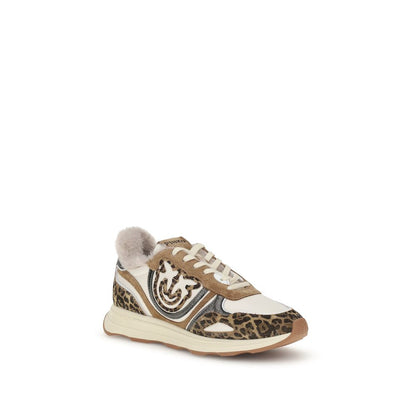 PINKO Multicolor Leather Chunky Sneakers featuring leopard print, synthetic fur lining, and logo applique for comfort and style.