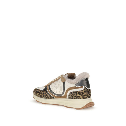 PINKO Multicolor Leather Chunky Sneakers with leopard print, synthetic fur lining, and signature logo applique, side view.